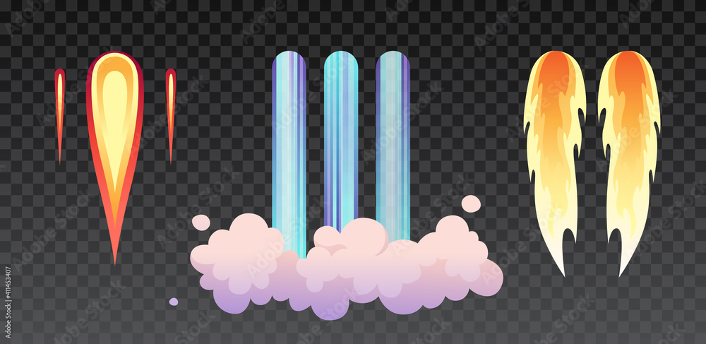 Poster rocket fire and smoke trails, airplane shuttle contrails isolated set on transparent. vector realist
