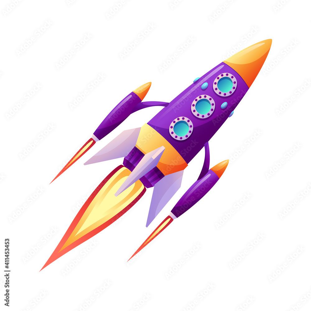 Poster space ship launch rocket with fire trace at startup isolated cartoon icon. vector spacecraft liftoff