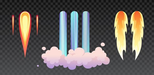 Rocket fire and smoke trails, airplane shuttle contrails isolated set on transparent. Vector realistic spacecraft startup launch. Space rocket start, jet fire flames, airplane shuttle contrails