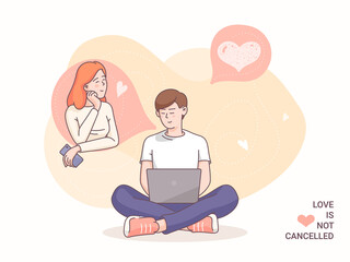 Valentine's day concept illustration. Distant couple in love online date during Covid-19 pandemic. Young woman and man video call. Flat style linear vector illustrations isolated on white background.