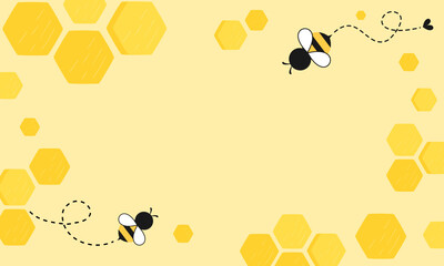 Honeycomb with hexagon grid cells and flying bee cartoon on yellow background vector illustration.