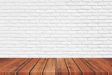 Wooden table with white brick wall. Use as montage for product display