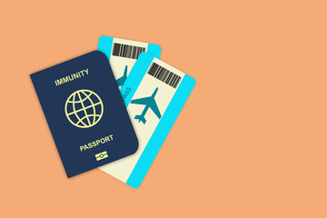 Immunity passport, and air tickets on an orange background. For work and travel, people vaccinated or recovered from COVID-19. Copy space. Travels. Business.