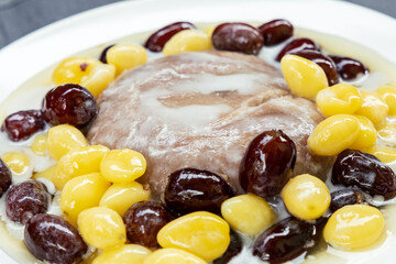 Thailand traditional rice stick with sweet taro smash and dried fruit 