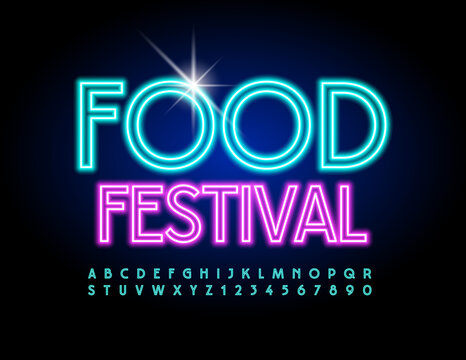 Vector neon emblem Food Festival. Electric Bright Font. Glowing Alphabet Letters and Numbers set