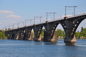 Railway bridge over the Dnieper river from downview