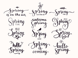 Hello Spring inspirational handwritten lettering, springtime symbols. Modern brush calligraphy and artistic design elements for greeting card, invitation, poster, flyer templates. Isolated vector set.
