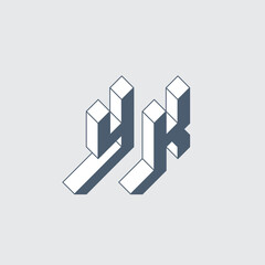 Isometric 3d font for design. YK - monogram or logotype. Volume alphabet. Three-dimension letters Y and K.