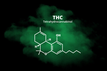 Vector chemical structural formula of tetrahydrocannabinol – THC in the green transparent cloud...