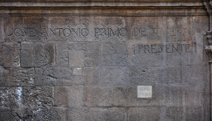 In memory of José Antonio Primo de Rivera over the wall of Murcia Cathedral, Spain