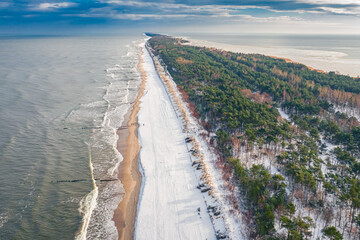 Hel peninsula with snowy beach at winter, Baltic Sea