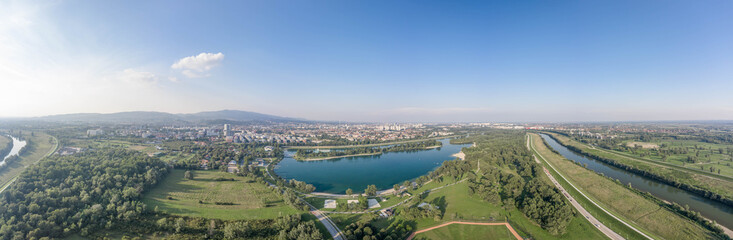 Fototapeta na wymiar Aerial panoramic view of Jarun water park in southeast Zagreb Croatia