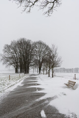 Country road in winter landscape with trees and bench