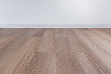 Wooden floor with white wall and floor skirting - 411459468