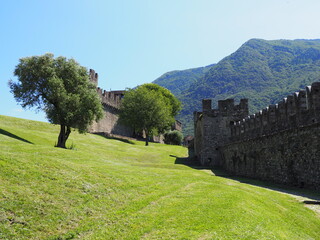 Fototapeta na wymiar Walls of Montebello castle in Bellinzona city in Switzerland