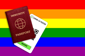 Immunity passport and test result for COVID-19 on flag of lgbt.