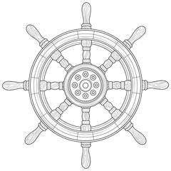 Steering wheel of the ship.Coloring book antistress for children and adults. Illustration isolated on white background.Zen-tangle style. Black and white drawing