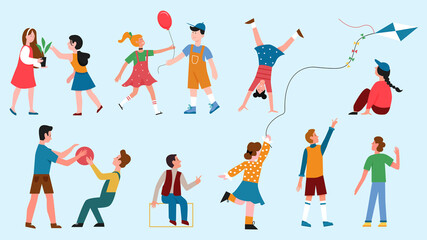 Fototapeta premium Children play vector illustration set. Cartoon happy boys and girls characters playing different fun games together collection, child flying kite outdoors, holding houseplant, jumping with ball