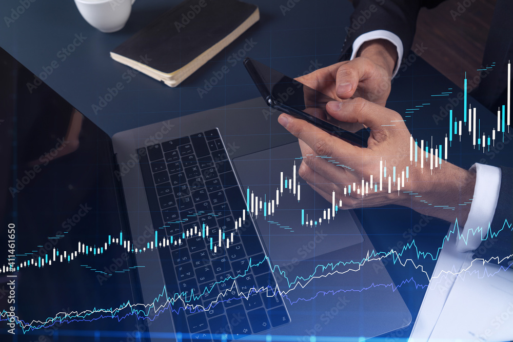Poster trader holding in the hands a smart phone and researching stock market to proceed right investment s