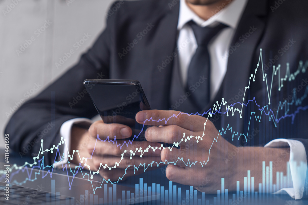 Poster trader holding in the hands a smart phone and researching stock market to proceed right investment s