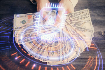 Multi exposure of technology drawing hologram and us dollars bills and man hands. Data concept
