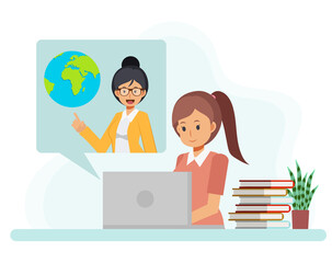 Female Students is watching the lecture on the Internet. Homeschooling characters. Online education concept. Social distancing ,flat vector cartoon character illustration.