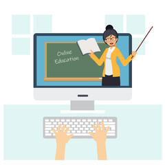 Female Teacher with book and pointing stick is teaching online,Online Education Concept ,Flat Vector cartoon character illustration. Learning from home