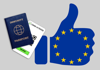 Immune passport and coronavirus test with thumb up with flag of European Union