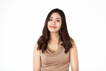 Fototapeta premium Portrait of a young teen Asian woman with black long hair on white background