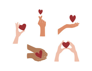 Hands holding hearts vector illustration set. Self or body care icon, love gesture, Valentines Day vector illustration