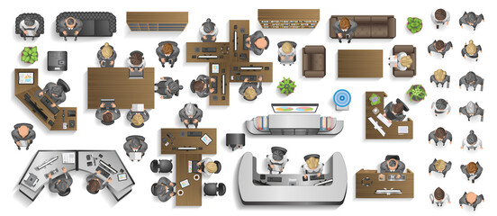 Vector set of office. People at work and office furniture. (top view) Desks, chairs, cabinets, sofas, computers, conference room, reception. Men and women in different poses. (view from above)