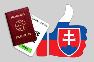 Immune passport and coronavirus test with thumb up with flag of Slovakia