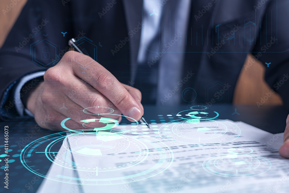 Poster a client in dark blue suit is signing a contract to create a new software to present it in start up 