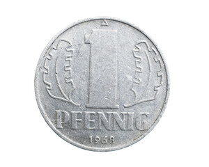 one german coin pfennig on a white isolated background