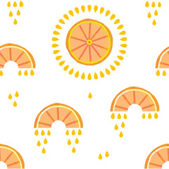 Orange Rainbow Sun seamless vector pattern. Fruity citrus sky nursery illustration. Juicy Summer baby backdrop design for fabric apparel print