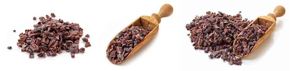 Heap of cacao nibs on white background