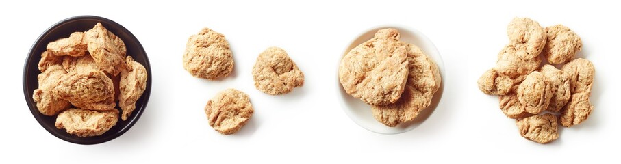 Bowl of soya chunks isolated on white, from above