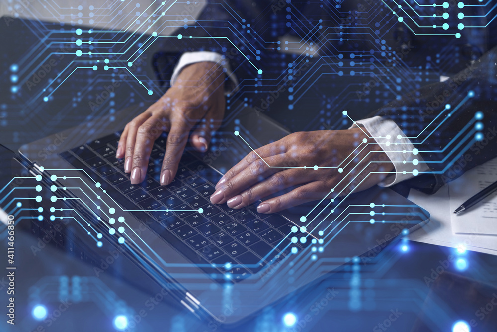 Poster woman typing the keyboard to create innovative software to change the world and provide a completely