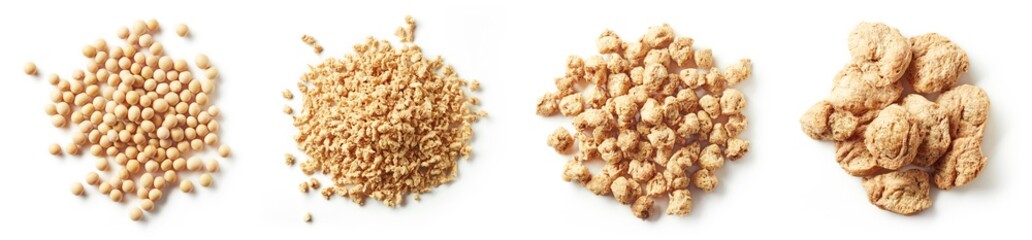 Heap of soybeans isolated on white, from above