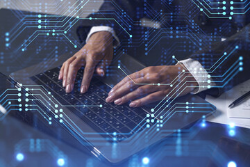 Woman typing the keyboard to create innovative software to change the world and provide a completely new service. Close up shot. Hologram tech graphs. Concept of Dev team. Formal wear.
