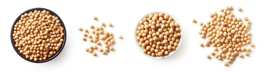 Bowl of soybeans isolated on white, from above - obrazy, fototapety, plakaty