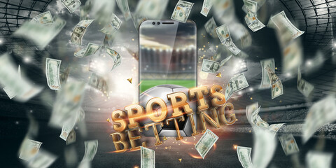Falling dollars and Smartphone with the inscription sports betting online. Creative background, gambling.