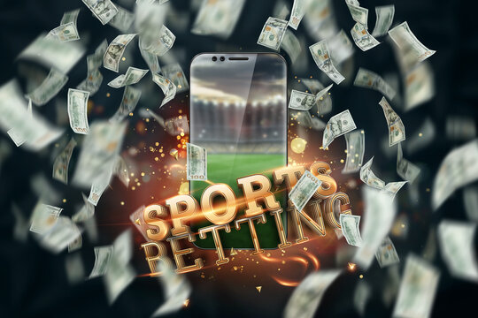Falling dollars and Smartphone with the inscription sports betting online. Creative background, gambling.