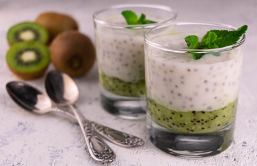 Two glasses of yogurt with kiwi and chia seeds. Close-up.