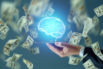 Hundred dollar bills fall on a smartphone with a Brain hologram. Technology concept, exchange of...