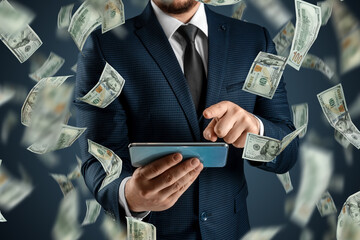 Online sports betting. A man in a suit is holding a smartphone and dollars are falling from the sky. Creative background, gambling.
