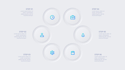 Neumorphic circle elements for infographic. Template for cycle diagram, graph, presentation and chart. Skeuomorph concept with 6 options, parts, steps or processes
