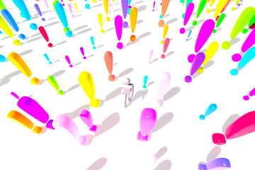 3D character, all white, in human form walking through a multitude of multicolored exclamation point, on a white background.