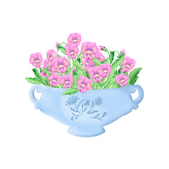 Pink pansies in a blue vintage bowl isolated on a white background, digital illustration