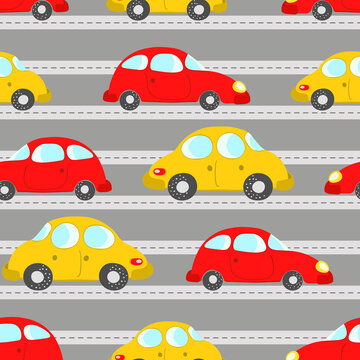 Seamless pattern with cute cars on blue background. Cartoot transport. Vector illustration. Doodle style. Design for baby print, invitation, poster, card, fabric, textile